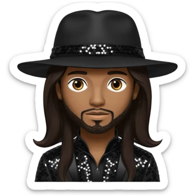 Ahmad "Real" Givens with long dark brown hair, black sequin outfit, black hat sticker