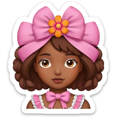 Girl wearing a pink and orange flower bonnet that ties into a bow in the front sticker