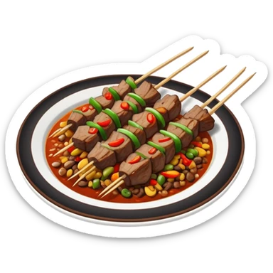 Xinjiang roasted lamb skewers with cumin and chili, simplified emoji style with bold outlines and bright colors, cartoon style Uyghur style Kawap sticker