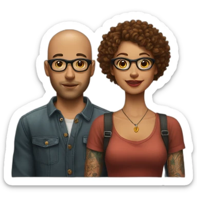 Young Bald man with tattoos. And Young curly-haired lady wearing glasses sticker