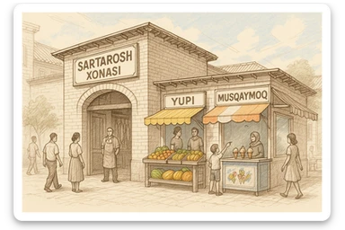 brohouse sartarosh xonasini chizib ber tashqaridan va uning yonida yupi va musqaymoq sotadigan lavkalar bulsin sticker