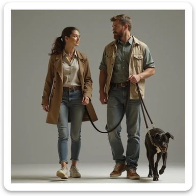 lifelike depiction of a woman walking with a man on a leash, subtle facial expressions, realistic lighting, no background sticker