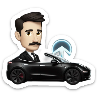 Nikola Tesla riding an all black Tesla Model 3, side view sticker