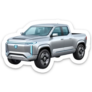 A futuristic electric pickup truck emoji, silver chrome body, angular cyber design, smooth metallic panels, subtle reflections, minimalistic proportions, iOS emoji style, centered composition, clean white background, soft lighting sticker