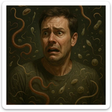 Create a realistic man with a scared expression, surrounded by intestinal parasites such as worms, protozoa, and microscopic forms floating around him. The style should be realistic with an impactful atmosphere. sticker