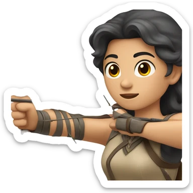 a male archer aiming with a bow in her hand but no arrow, dark hair, bright skin, sticker