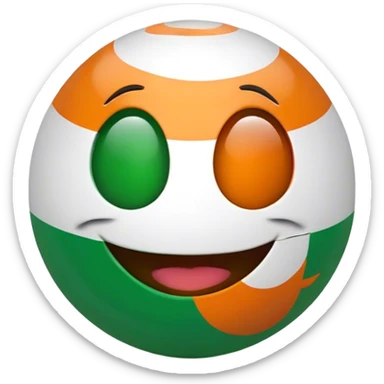 "A 2D-rendered, glossy, spherical emoji with a cheerful smiling face. The sphere is painted with the colors of the Indian flag—saffron on top, white in the middle, and green at the bottom. The emoji has large, shiny green eyes with black pupils, reflecting light for a cute and friendly expression. The background is plain white, making the vibrant colors and glossy texture of the sphere stand out. The overall style is smooth and cartoon-like, with a polished and modern look." sticker