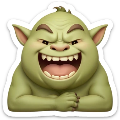 Cinematic Cute Yawning Ogre Portrait Emoji, with a surprisingly cuddly, rotund figure in soft earthy greens and browns, head tilted back in a big, gentle yawn exposing a set of comically oversized teeth, simplified yet irresistibly adorable, highly detailed with a soft glowing outline that captures the sleepy charm of a friendly ogre after a long day of gentle mischief! sticker