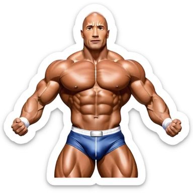 Dwayne 'The Rock' Johnson on stage at the Mr. Universe bodybuilding competition, covered in oil, flexing his powerful muscles. His physique shines under bright stage lights, showcasing his strength and dedication. The audience and judges are blurred in the background. Transparent background. sticker