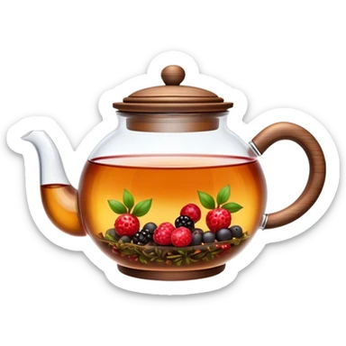 Cinematic realistic emoji depicting a transparent teapot with a realistic wooden lid filled with tea and berries floating in it, rich texture, without unnecessary decoration sticker