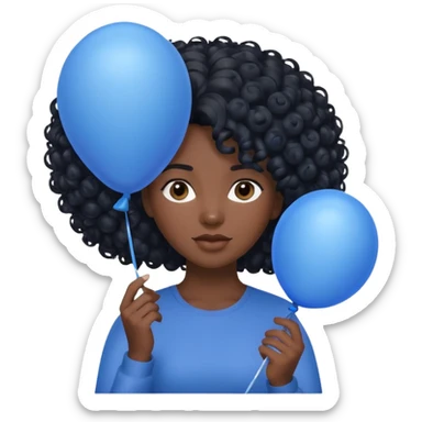 woman with curly black hair and dark face, holding blue balloon sticker