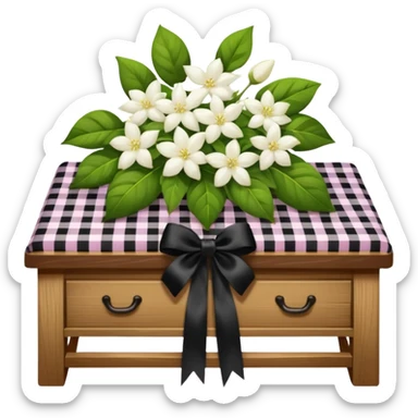 A lush bouquet of white color Jasmin black satin ribbon, resting on an antique wooden table, with a pale yellow and pink plaid pattern table cloth sticker