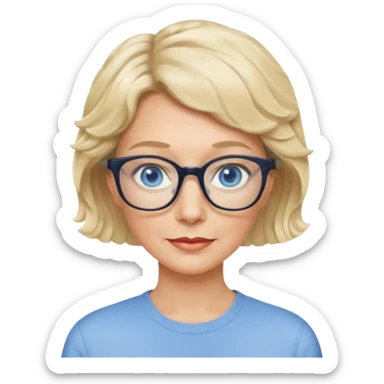 woman 60 very short weavy blonde haire, rectangle glases, blue eyes sticker