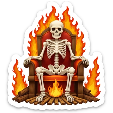 A skeleton sitting on a throne. Throne on fire around him sticker