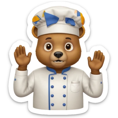 A bear wearing a chef uniform, nervously preparing a dish, portrait sticker