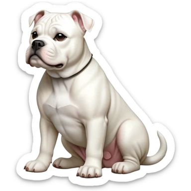 cinematic-[solid white american bulldog]-realistic-full-body-sitting-emoji,-tail-resting-loosely-beside-its-paws,-head-tilted-dramatically,-sleek-[solid white]-fur,-simplified-yet-realistic-focused-features,-highly-detailed,-glowing-with-an-almost-sarcastic-glow sticker