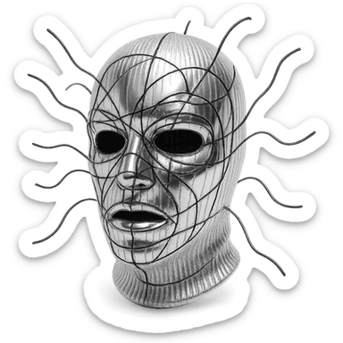 The mask is a full-head, white knitted balaclava with a tight ribbed texture. It features two asymmetrical eye openings and a partially exposed mouth area. Black thread is stitched across the surface in chaotic, abstract lines that trace facial features, giving a hand-drawn effect. Several black cords extend outward from the mask, varying in length and direction, adding a sculptural, almost organic appearance. The overall look is bold, handcrafted, and visually striking. sticker