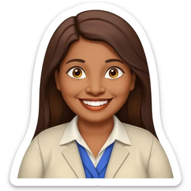 50 yr old chubby Sri Lankan woman, dark skin, straight brown hair, big smile, white teeth, european clothes, longer hair sticker