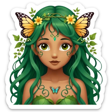 Cinematic Realistic Forest Nymph Fairy portrait, with butterfly wings and depicted with lifelike, sun-kissed tanned skin that radiates an earthy glow, softly illuminated by natural, dappled light. Her long, flowing dark green hair is intricately detailed and interwoven with delicate vines and wildflowers, while her deep, soulful eyes mirror the wisdom of the forest. Dressed in an attire inspired by nature’s palette—with subtle botanical motifs—the portrait exudes a soft, enchanted glow that melds realism with woodland magic. sticker