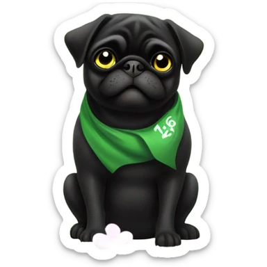 Black pug , surrounded by flowers, holding a green sign that says “good luck”  sticker