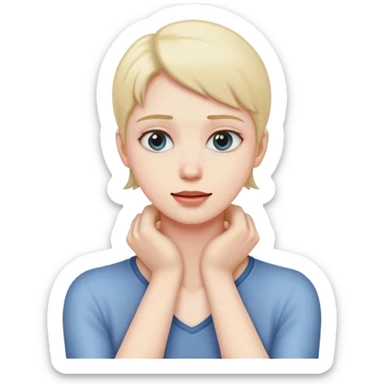 Person with hands grabbing neck sticker