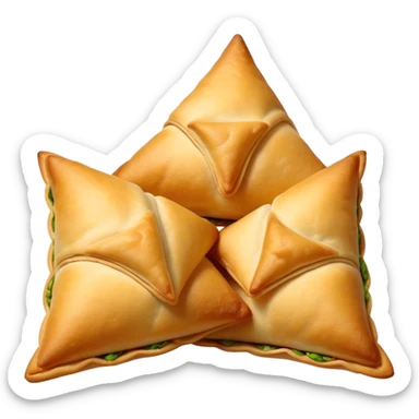 Cinematic Realistic Samosas Dish Emoji, depicted as golden, crispy pastry pockets filled with spiced vegetables rendered with detailed textures and appetizing lighting. sticker