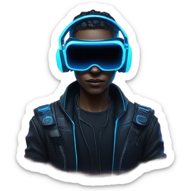 cyberpunk hacker wearing black vr headset, with blue neon lights sticker