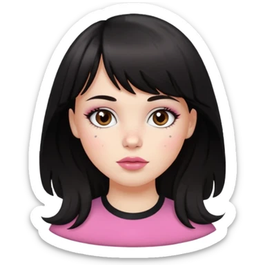white girl, oval face, bangs and long black, slightly wavy hair. With round brown eyes, small and round nose, full and pink lips. Skin with some freckles. rock style sticker