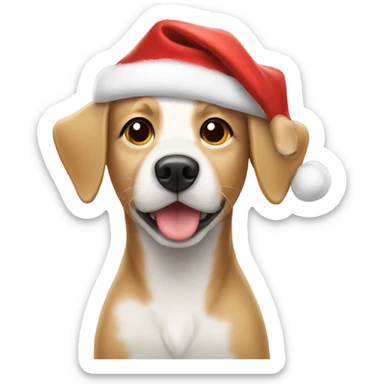 Tan and white dog wearing Christmas hat sticker