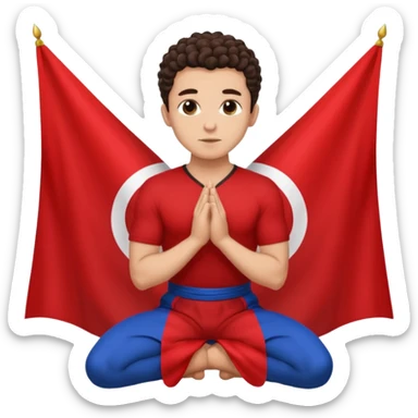 Brunette man clean shaven with slick back curly hair on his knees praying to an Albanian flag sticker