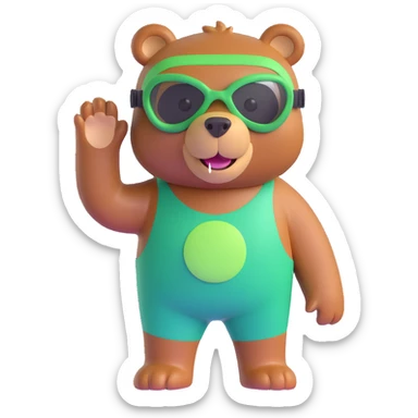 cute brown bear with a green snorkel mask, cheerful sticker