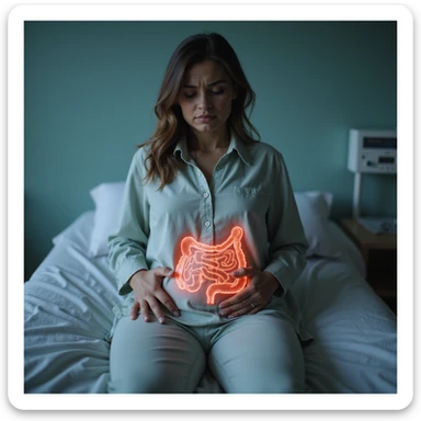 hyperrealistic 4K image of a woman sitting on a medical examination table, pale and suffering face, hand on abdomen, intestine highlighted in transparency with signs of inflammation, clinical atmosphere sticker