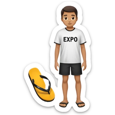 Dancing in black oversized flip flops with BANDO written on his shirt sticker