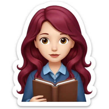 girl with long wavy burgundy hair and a notebook sticker