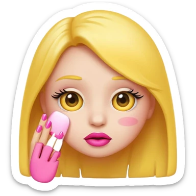 Cute shy emoji with long lashes, big pouty lips, pink nails, black background, same style as original emoji, not human sticker