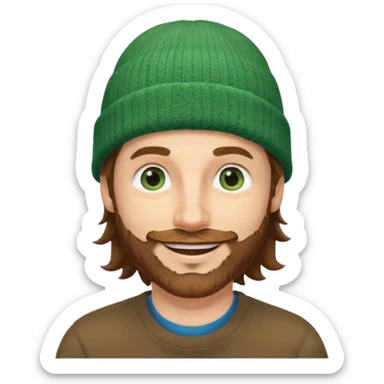 white man
aged 40,
Blue eyes, 
mid length brown wavy hair,
Green beanie hat,
Stubble
Smiling and winking sticker