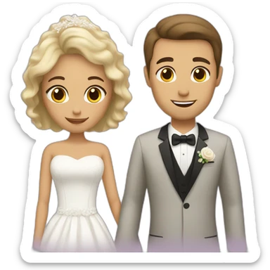 Tan woman with dark brown hair and white man with blonde hair getting married sticker