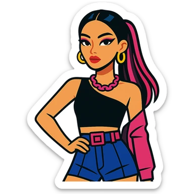 Blackpink-style K-pop avatar, bold makeup, trendy hair, fashionable outfit, confident pose sticker