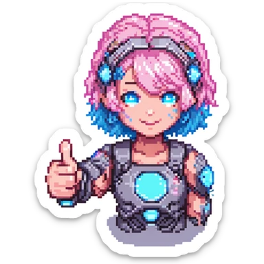 cyborg girl with pink hair giving a thumbs up, pixel art style, glowing blue eyes sticker