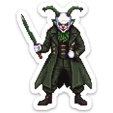 evil clown soldier, bald, black horns on forehead, angry expression, showing fangs, pointed ears, eye patch over one eye, long coat over black and military green clothes with bellbottom pants, tail, holding a different style of whip, realistically proportioned, less bulky, full body, fighting stance sticker