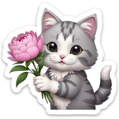 Cute cat Handing pink peonies like reaching a hand and handing them out a bouquet of them not a physical hand the cats hand  make the cat fluffy and grey and white  sticker