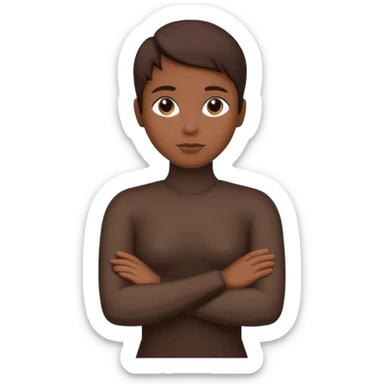 Minimalist human silhouette, upper body only, arms crossed, no facial features, solid dark shape, flat icon style, centered, transparent background sticker