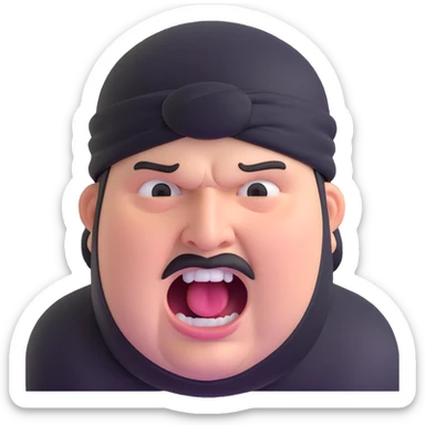 Super extreme tight close-up of just the face of morbidly obese white skin guy with young face, prominent BLACK DURAG tied clearly on head, black beard but no mustache, clean shaven upper lip, black eyes, mouth wide open screaming angrily sticker