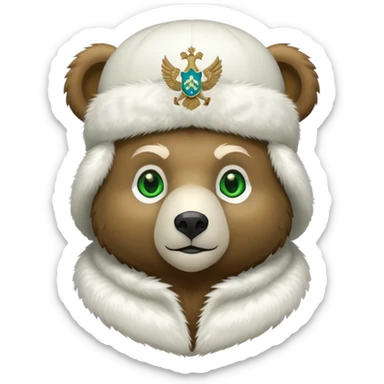 Cute stylized bear with green eyes, white fur hat with basic Russian coat of arms featuring double-headed eagle, minimalist iOS emoji style sticker
