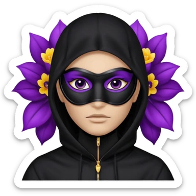 no visible face non human cartoon character related to a shadow, with all black clothes, focusing a black hoodie, and a black versace face mask covering his entire face, just his purple shadow eyes making a light bloom sticker