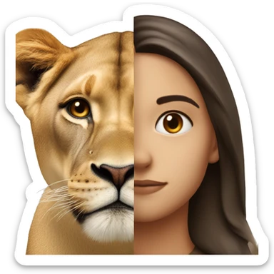 Half of the brunette girl's face together with half of the lioness's face in one sticker