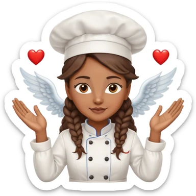 Brown-skinned female chef with long braided brown hair, wearing a chef's hat, with both an angel halo and devil horns, making a heart shape with her hands sticker
