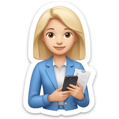 3D emoji style sticker, confident young woman, white background, smiling, standing upright, holding a smartphone and a document, relaxed and proud expression, student success vibe, soft lighting, minimalistic, clean astrology emoji style sticker