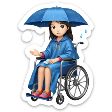 Girl with dark hair  in a wheelchair with rain poncho sad with rain storm  sticker