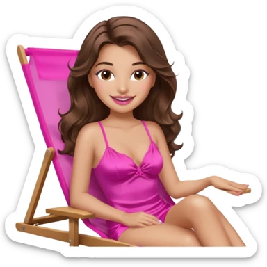 girl with long wavy brown hair, brown eyes, long lashes makeup, sexy pink lips, smiling, light to medium complexion, wearing a pink sexy silk top, relaxing in a beach chair  sticker